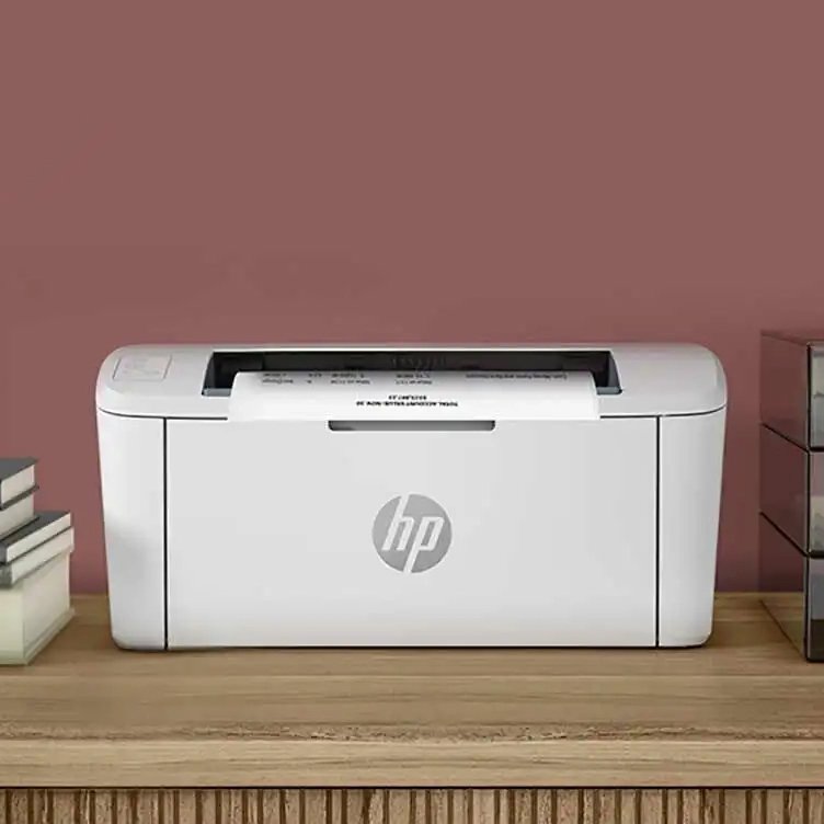 HP LaserJet M111a printer with paper output tray and printed document