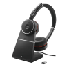 Jabra Evolve 75 headset resting on wireless charging stand cradle