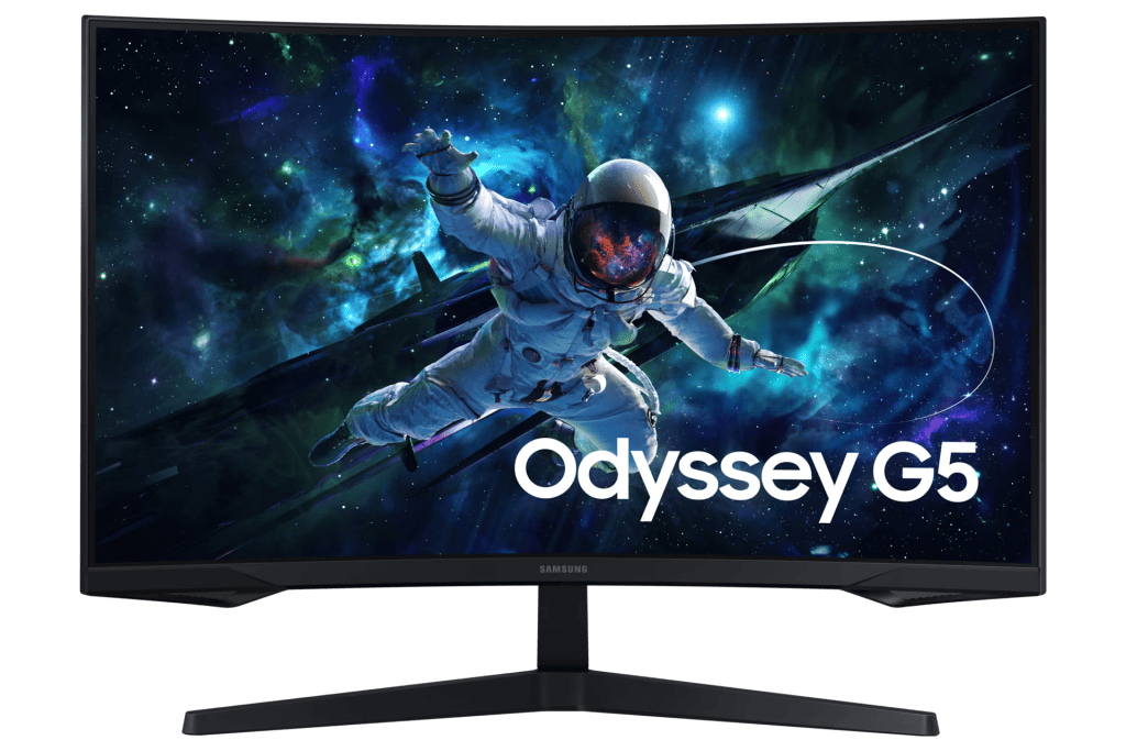 Samsung Odyssey G5 32" curved gaming monitor angled view showing 1000R curvature